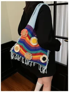 Bolso de hombro de punto de arco iris colorido con borlas florales, bolsa de playa.