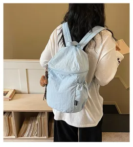 Minimalistικό γαλάζιο σακίδιο πλάτης casual μαθητική τσάντα σχολείου με κρεμαστό αρκουδάκι