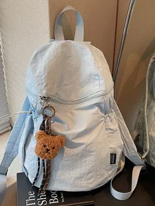 Minimalist Casual Canvas Backpack For Women And Men Lightweight School Bookbag With Cute Bear Pendant Commuter Daypack