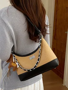Women vintage straw shoulder bag contrast leather chic chain crossbody handbag casual
