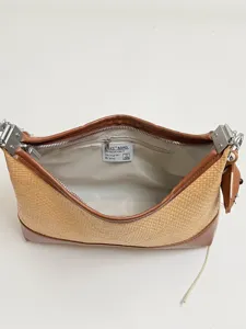 Women woven shoulder bag straw PU leather retro crossbody bag stylish top handle casual purse