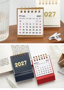Detailansicht des 2027 Mini-Tischkalenders, Retro-Design mit Spirale und Halterung.