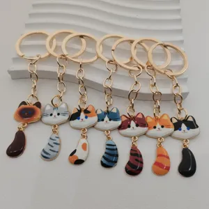 Creative Metal Cartoon Big Face Cat Keychain Pendant Cute Zinc Alloy Enamel Cat Head and Striped Tail Bag Hanging Accessory