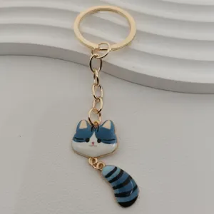 Metal cute cat keychain with blue striped big face and tail pendant for bags keys gifts