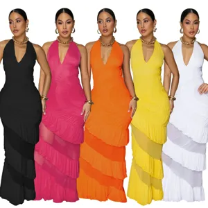 Sleeveless halter ruffle long dress elegant backless party maxi dress for women.