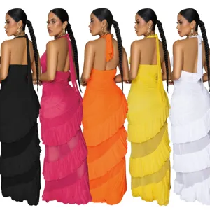 Stunning backless halter tiered maxi dress available in multiple vibrant colors for chic style.