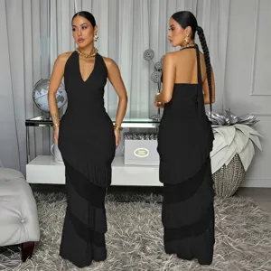 Elegant black halter backless maxi dress featuring tiered ruffles and sleeveless slim fit style.