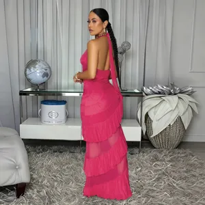 Elegant hot pink halter backless tiered ruffle maxi dress for women chic evening party wear