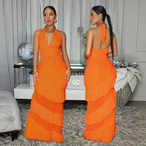 Elegant orange halter backless tiered maxi dress for women, sleeveless casual party wear.