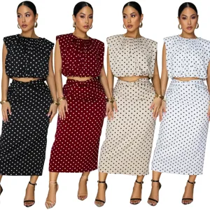 Chic women polka dot sleeveless crop top and midi skirt two piece set in versatile colors.
