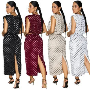 Detailed view of the stylish polka dot sleeveless top and midi skirt outfit set.