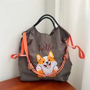 Grand cabas élégant en toile grise avec broderie mignonne de corgi et bretelles orange