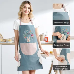 Wasserdichte Küchenschürze mit Hasenmuster, Handtüchern und praktischen Taschen für Kochen.