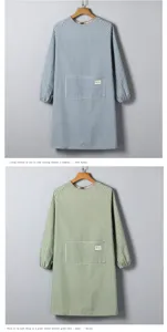 Cotton linen long sleeve apron striped kitchen cover up workwear with pocket for adult daily wear