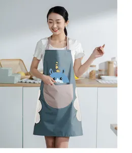 Waterproof oil-proof kitchen apron with hand-wiping towels and cute cartoon design for cooking.