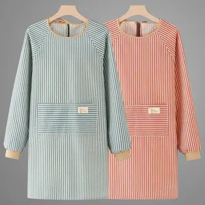 Cotton Linen Long Sleeve Apron Kitchen Anti-Oil Smock Striped Workwear with Pockets Adult Cooking Chef Apron