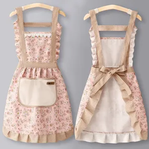 Women's Kitchen Cooking Apron Cute Floral Ruffle Bib Apron Cotton Blend Anti-Fouling Cooking Baking Apron with Pocket Home Chef