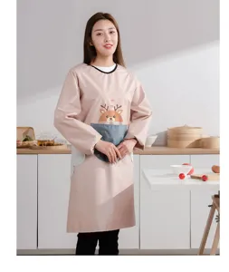 Waterproof long sleeve kitchen apron with cute deer pattern and handy hand wipe towels.