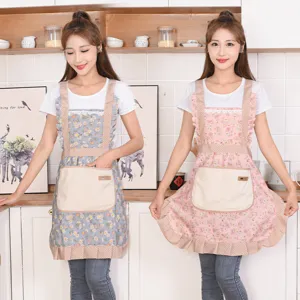 Women cute floral canvas kitchen apron with pockets and ruffled lace sleeveless cooking workwear