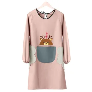 Waterproof long sleeve kitchen apron for women with cute deer pattern and hand wipe pockets.