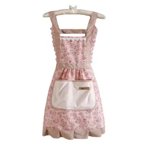 Floral kitchen apron for women, cute sleeveless cooking smock with ruffles and front pocket.