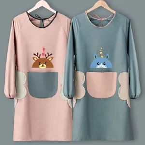 Waterproof Kitchen Apron With Sleeves Cute Fawn Cartoon Oil-Proof Cooking Smock With Hand-Wiping Towel Pockets
