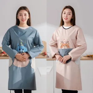 Waterproof sleeved apron for women kitchen cooking cute cartoon deer design with hand towels.