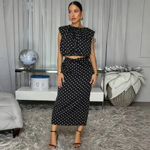 Women's 2026 New Fashion Polka Dot Sleeveless Crop Top and Midi Skirt Two-Piece Set