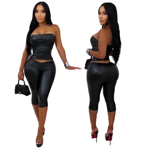Black faux leather strapless top and cropped leggings set for women sexy party outfit detail.