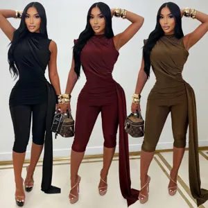 Women Slim Fit Sleeveless Mock Neck Pleated Sash Jumpsuit Sexy Club Party Long Pants Romper