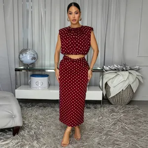 Burgundy polka dot sleeveless crop top and midi skirt two piece set for women fashion.