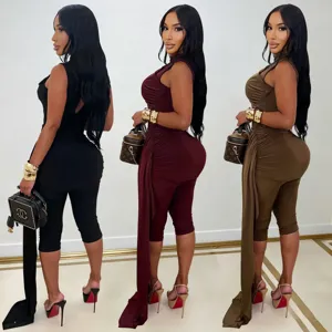 Sleeveless ruched irregular jumpsuit for women, slim fit stylish sexy party clubwear.