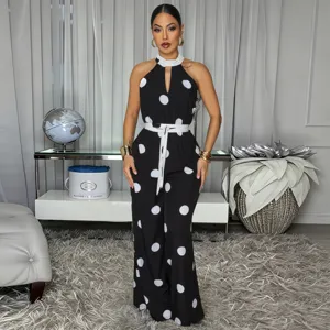 Women black and white polka dot halter sleeveless jumpsuit with white belt casual chic apparel
