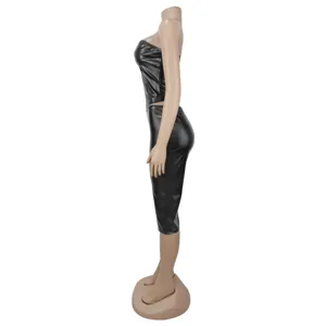 Black faux leather tube top and tight skirt set side profile detail sexy clubwear.
