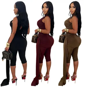 Sleeveless ruched jumpsuit with irregular long sash for women, slim fit party wear outfit.