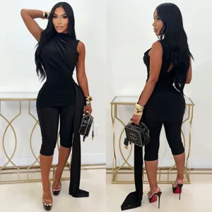 Women sleeveless ruched jumpsuit slim fit asymmetric long sash romper fashion party wear