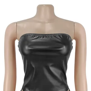 Black faux leather bandeau top for women, sexy slim fit strapless tube top for party.