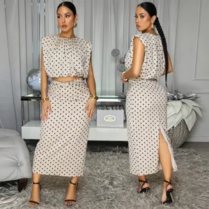 Women polka dot two piece set sleeveless crop top midi skirt elegant chic summer outfit