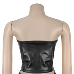 Black faux leather strapless tube top for women, sexy slim crop top basic streetwear.