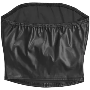 Black faux leather bandeau crop top, strapless slim fit sexy streetwear top for women.