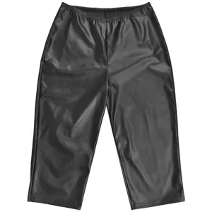Black faux leather fabric detail view, elastic high waistband, premium texture close-up.