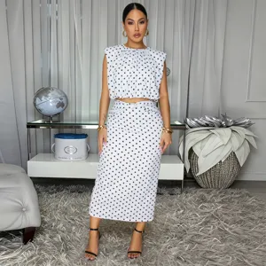 Women polka dot sleeveless crop top and midi skirt two piece set summer fashion outfit