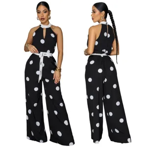 Chic black and white polka dot halter sleeveless jumpsuit with a white belt for women.
