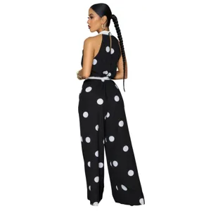 Black and white polka dot halter sleeveless jumpsuit detail, stylish women summer clothing.