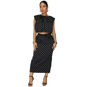 Black white polka dot sleeveless crop top midi skirt two piece set fashion women outfit