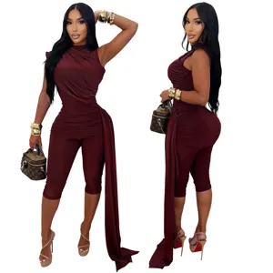 Women wine red sleeveless slim fit bodycon jumpsuit with stylish side sash and ruching.