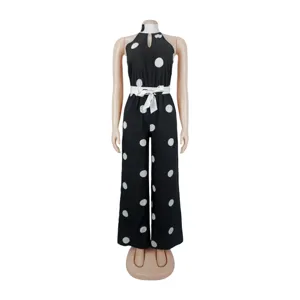 Black white polka dot halter sleeveless jumpsuit detail view, elegant summer women clothing.