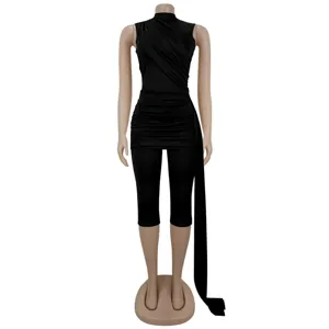Women's black sleeveless ruched irregular sash slim fit jumpsuit stylish casual outfit.
