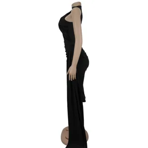 Black sleeveless jumpsuit for women, slim fit with ruched details and irregular drape design.