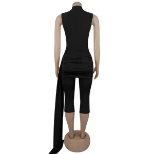 Detailed rear view of the elegant black sleeveless ruched jumpsuit with an irregular sash.